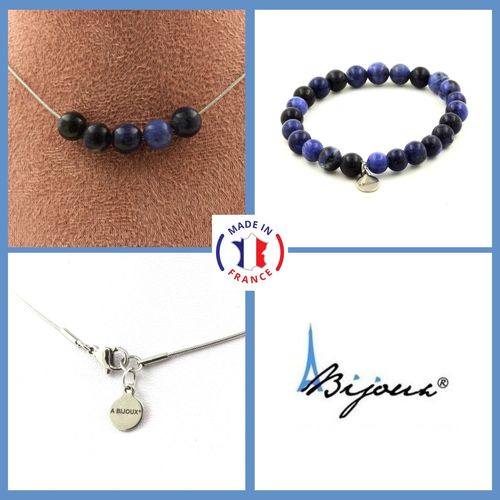 Parure Bijoux Bracelet Collier 5 Perles Sodalite 8 Mm. Chaine En Acier Taille Personnalisable.
