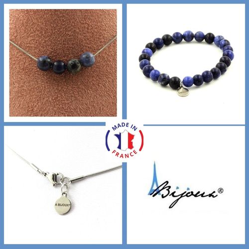 Parure Bijoux Bracelet Collier 4 Perles Sodalite 8 Mm. Chaine En Acier Taille Personnalisable.