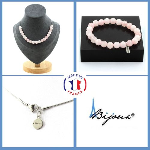 Parure Bijoux Bracelet Collier 20 Perles Quartz Rose 8 Mm. Chaine En Taille Personnalisable.