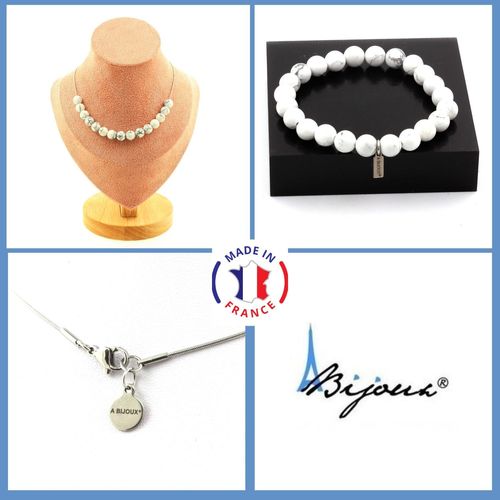 Parure Bracelet Collier 15 Perles Howlite 8 Mm. Chaine En Acier Taille Personnalisable.
