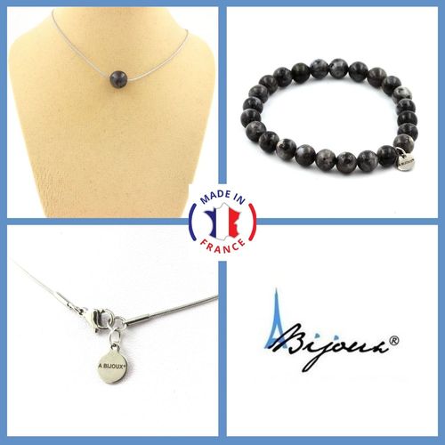 Parure Bijoux Bracelet Collier 1 Perle Labradorite 8 Mm. Chaine En Taille Personnalisable.