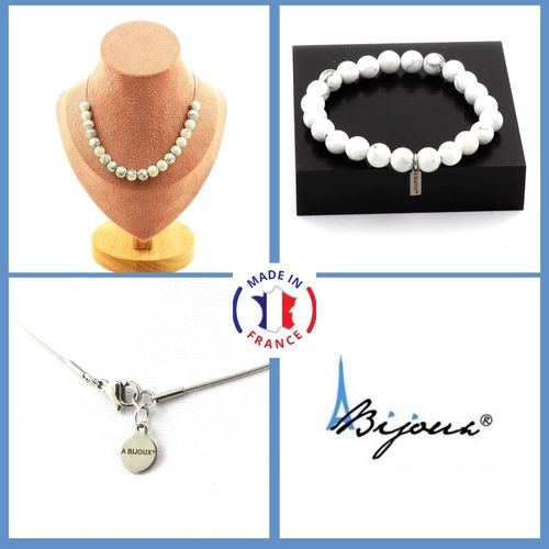 Parure Bracelet Collier 20 Perles Howlite 8 Mm. Chaine En Acier Taille Personnalisable.