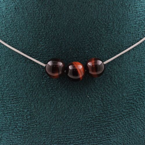 Collier 3 Perles Oeil De Tigre Rouge 8 Mm. Chaine En Acier Inoxydable Collier Femmes, Hommes. Taille Personnalisable.