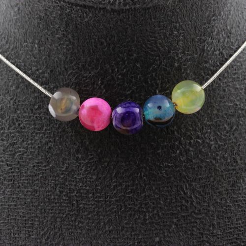 Collier 5 Perles Agate Craquelé Fuchsia Multicolore 8 Mm Chaine En Acier Inoxydable.