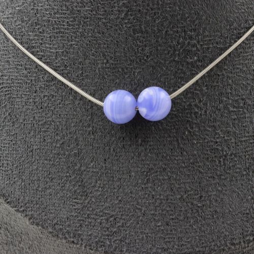 Collier 2 Perles Agate Crazy Lace Bleu 8 Mm Chaine En Acier Inoxydable.