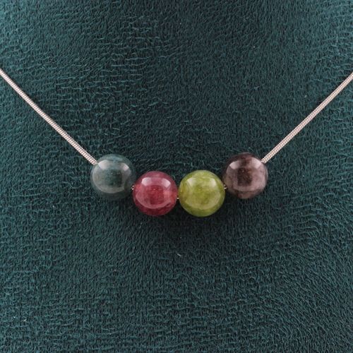 Collier 4 Perles Tourmaline Multicolore 8 Mm Chaine En Acier Collier Femmes, Hommes. Taille Personnalisable.