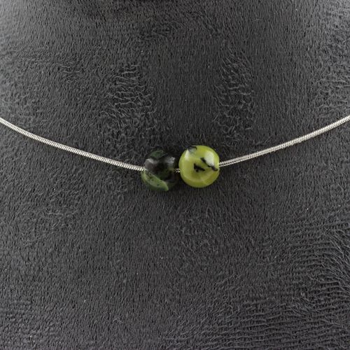 Collier 2 Perles Jade Nephrite De Xiuyan Chine. Chaine En Acier Collier Femmes, Hommes. Taille Personnalisable.