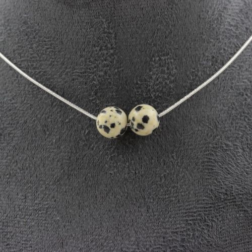 Collier 2 Perles Jaspe Dalmatien 8 Mm. Chaine En Acier Inoxydable Collier Femmes, Hommes. Taille Personnalisable.