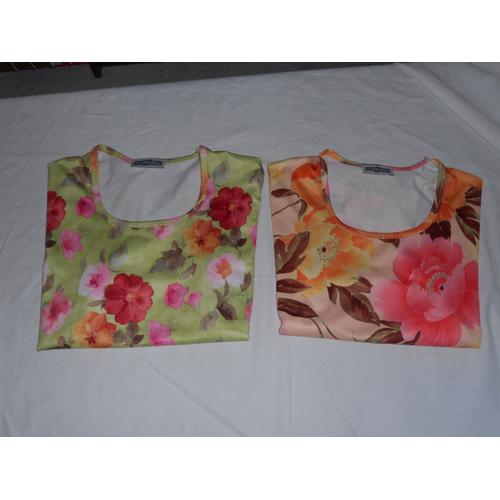 Lot 2 Tee-Shirts M.Courtes Fleuris Fond Vert Et Orange Femme T42/44 État Neuf