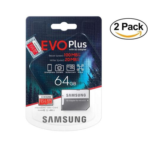 2PCS Carte mémoire Samsung Evo Plus 64 Go microSD SDXC Classe 10 (2020) modèle jusqu'à 100 Mo/S Full HD et 4K UHD avec Adaptateur
