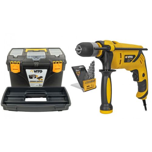Perceuse à percussion 850W VITOPOWER + 8 Forets 3 à 10 mm ACIER + Boite à outils VITO 18"