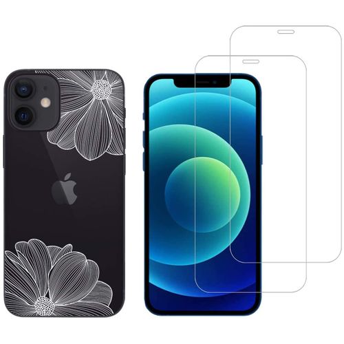 Coque Fantaisie Pour Apple Iphone 12 Mini Et 2 Protections Écran Verre Trempé [Fleurs] Novago