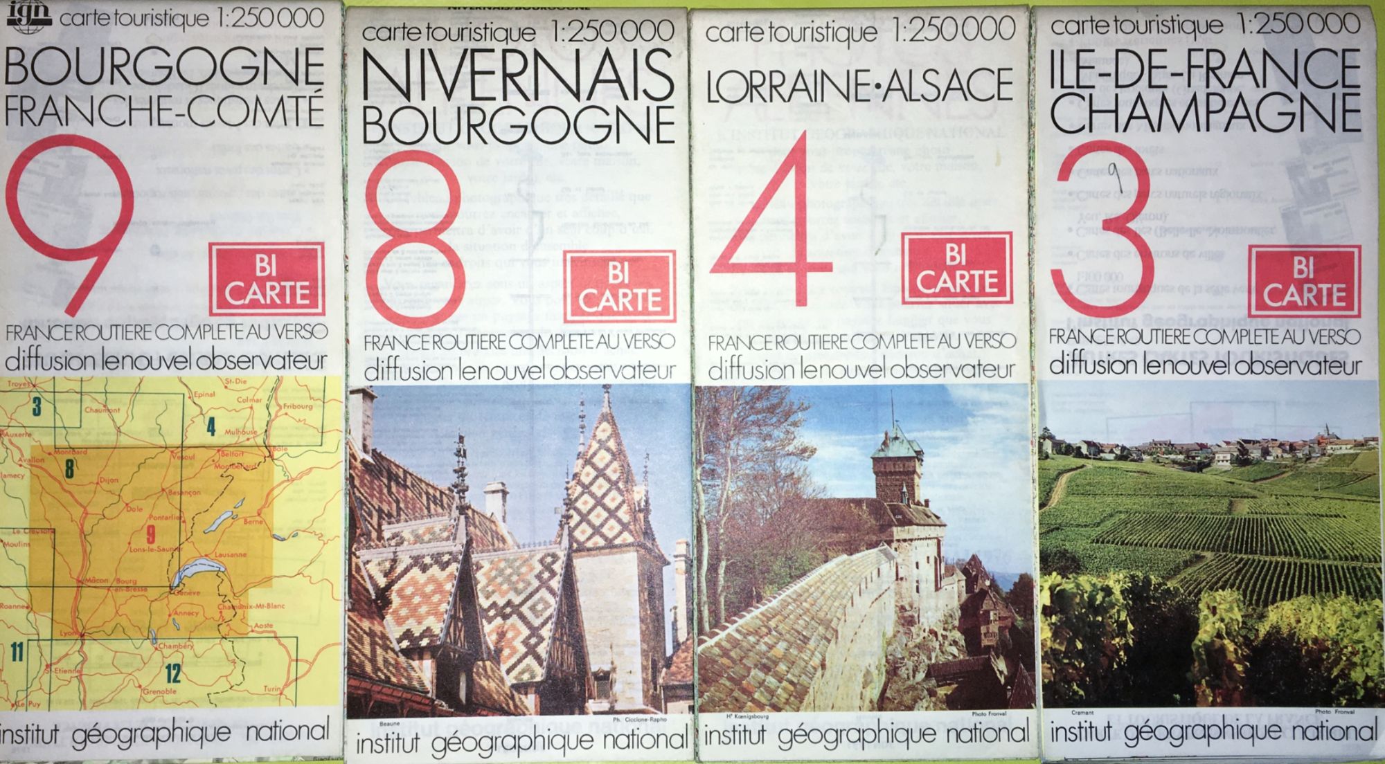 4 Cartes Ign Numeros 3 - 4 - 8 - 9 Échelle 1:250 000 Nivernais Bourgog Franche Comté Lorraine Alsace Ile France