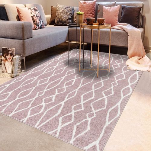 Tapis Berbère 60x110 Tissé Motif Ethnic Balanio Rose Et Blanc