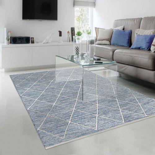 Tapis Chambre 70x140 Tissé En Coton Bleu Rectangle Motif Scandinave Cotona