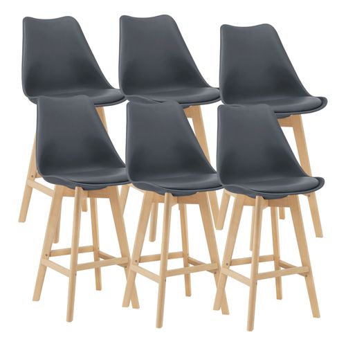 Lot De 6 Tabourets De Bar Avec Dossier Et Repose-Pied Siège Rembourré Plastique Similicuir Hêtre 105 X 48 X 58 Cm Gris [En.Casa]