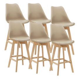 Lot De 6 Tabourets De Bar Avec Dossier Et Repose-Pied Siège Rembourré Plastique Similicuir Hêtre 105 X 48 X 58 Cm Beige [En.Casa]