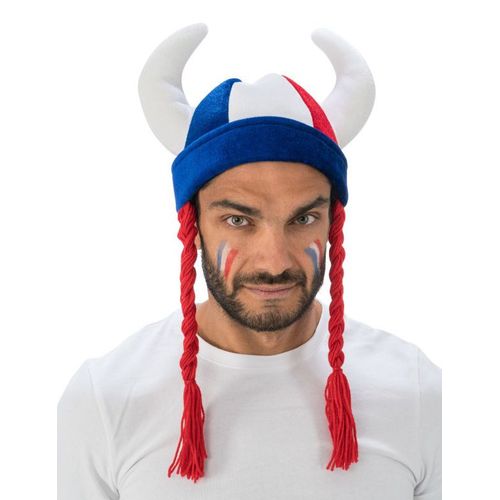 Casque Gaulois Cornes Et Tresses Bleu Blanc Rouge