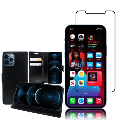 Etui Portefeuille Pour Apple Iphone 12 Pro Max 6.7" Support Video Cuir Pu - Noir + 1 Film Verre Trempé - Noir