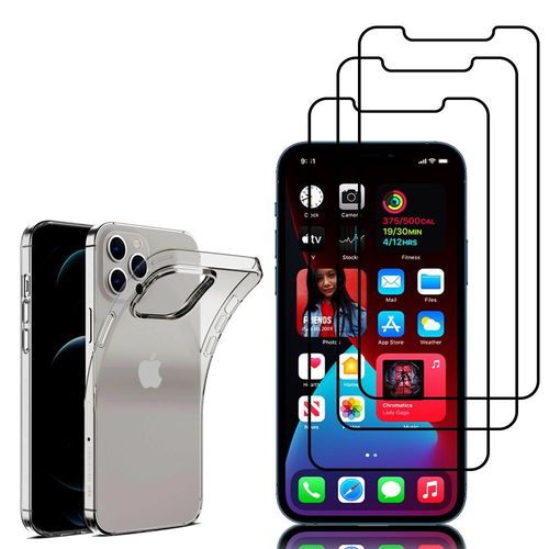 Coque Silicone Pour Apple Iphone 12 Pro Max 6.7" Gel Ultraslim Et Ajustement Parfait - Transparent + 3 Films Verre Trempé - Noir