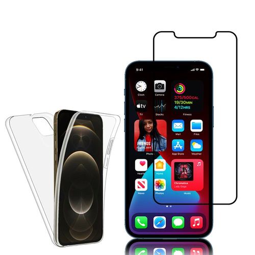 Coque Avant Et Arrière Silicone Pour Apple Iphone 12 Pro Max 6.7" 360° Protection Intégrale - Transparent + 1 Film Verre Trempé - Noir