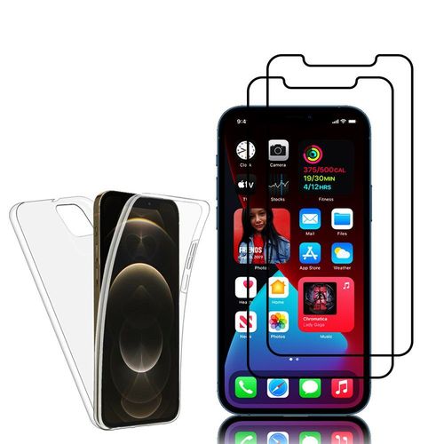 Coque Avant Et Arrière Silicone Pour Apple Iphone 12 Pro Max 6.7" 360° Protection Intégrale - Transparent + 2 Films Verre Trempé - Noir