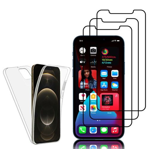 Coque Avant Et Arrière Silicone Pour Apple Iphone 12 Pro Max 6.7" 360° Protection Intégrale - Transparent + 3 Films Verre Trempé - Noir