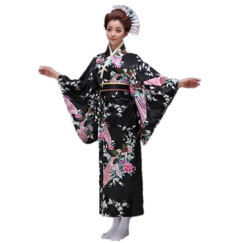 Expédié De France Robe Kimono Femme Fille Japonaise Costume Cosplay De Photographie Paon Yukata Satin Geisha