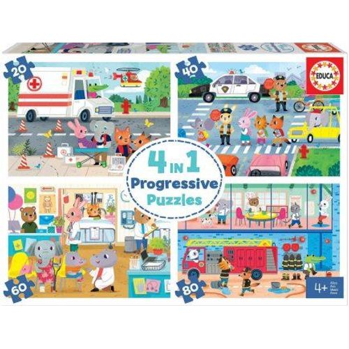 Coffret De 4 Puzzles Progressifs Enfant Les Animaux Et Les Métiers 20 - 40 - 60 - 80 Pieces Les Pompiers L Ambulance Hopiral A L Ecole