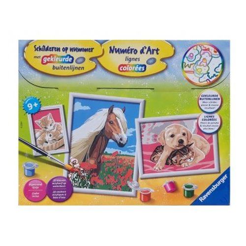 Coffret Peinture Numero D'art 3 Tableaux Animaux : Duo De Chatons, Cheval Au Pre , Amitie Chat Et Chien - Mini, Petit, Moyen Format