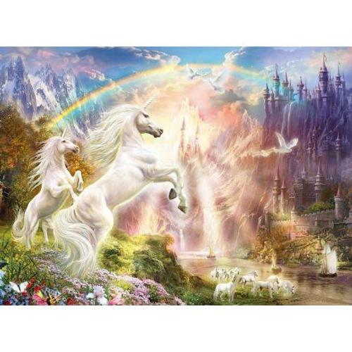 Puzzle Licorne Blanche Au Bord Du Fleuve Et Le Chateau Fort Et Arc En Ciel - 500 Pieces - Clementoni Collection Paysage Monde Feerique