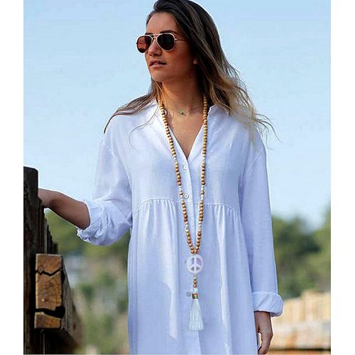Long Collier Sautoir Boho Bohème Hippie Chic Perles Bois Et Pompon Houppette Blanc - Peace And Love Retro Vintage