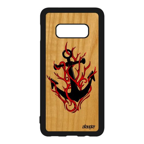 Coque Pour Samsung Galaxy S10e Bois Silicone Ancre Etui Imprimé Fille Telephone Rouge Tendance Graphique Jolie Unique 4g Case Flamme