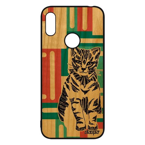 Coque En Bois Chat Huawei Y6 2019 Silicone Chaton Homme Animaux Felin Fantaisie Vert Tribal Azteque 4g Carré Antichoc De Protection