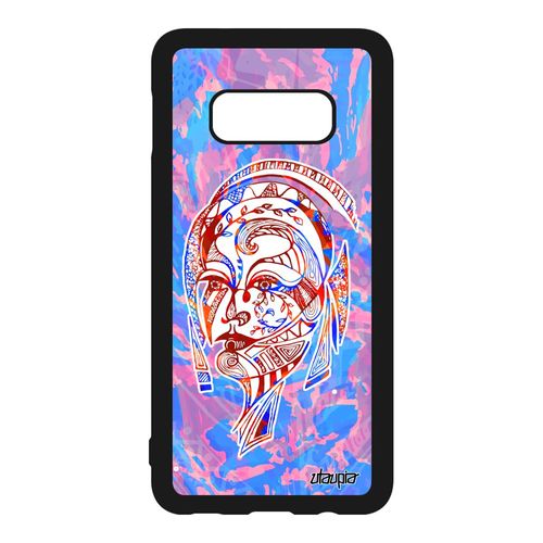 Coque Silicone Samsung Galaxy S10e Femme Original Bleu Plume 4g Azteque Tribal Pastel Etui Portrait Portable Fleur Ethnique Feerique