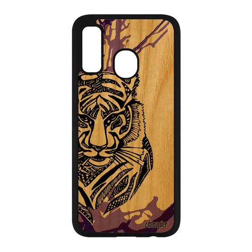 Coque En Bois Silicone Pour Samsung Galaxy A40 Tigre Predateur Jolie Femme Fauve Etui Violet Tribal Rigide Ethnique Made In France