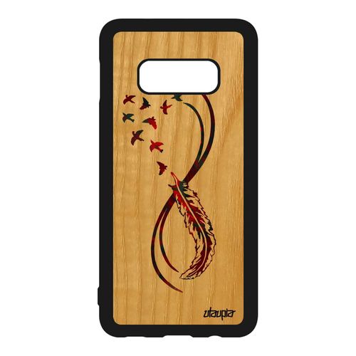 Coque Samsung Galaxy S10e Bois Silicone Infini Smartphone Jolie Telephone Multicolore Unique Rouge Couleur Oiseau Symbole Etui Plume