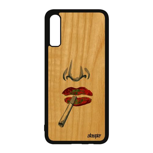 Coque En Bois Pour Samsung Galaxy A70 Silicone Fumeur Etui Original Housse Smack Orange Bouche Mobile Levres Art Femme Cigarette
