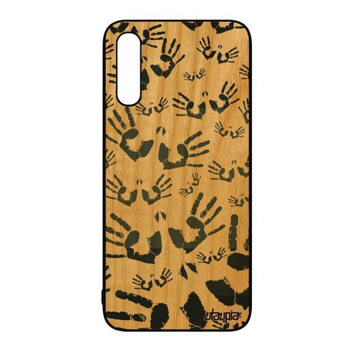 Coque Silicone Samsung Galaxy A50 En Bois Et Empreinte Main Femme Trace De Antichoc Personnalisé Telephone Doigt De Protection Gris