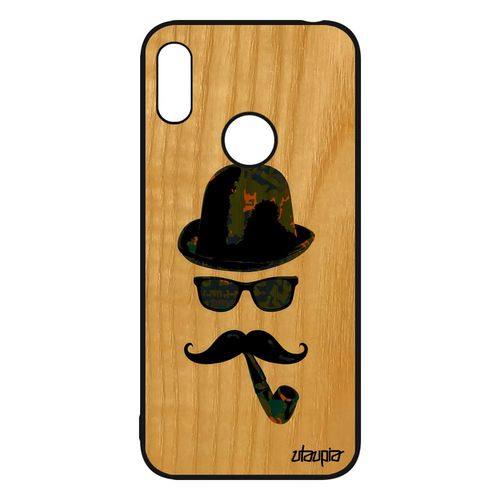 Coque Huawei Y6 2019 En Bois Naturel Silicone Homme Moustache Design Chapeau Melon Pipe Vert Mobile Art Monsieur Tendance Vintage