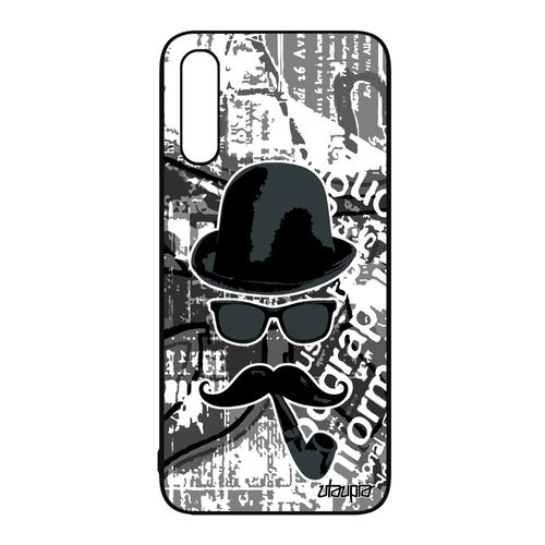 Coque Moustache Samsung Galaxy A50 Silicone Homme Chapeau Melon Peinture Tag Gris Journal 4g Monsieur Noir Et Blanc Noir Pipe Metal