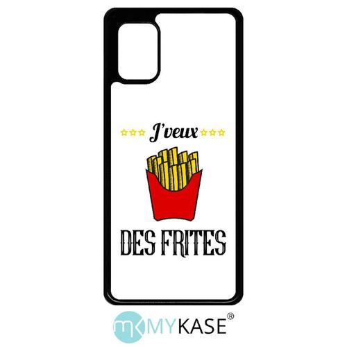 Coque Pour Smartphone - J Veux Des Frites Fond Blanc - Compatible Avec Samsung Galaxy A31 - Plastique - Bord Noir