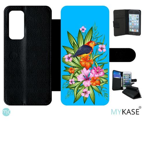 Etui À Rabat Huawei P40 - Oiseau Tropical Turquoise - Simili-Cuir - Noir