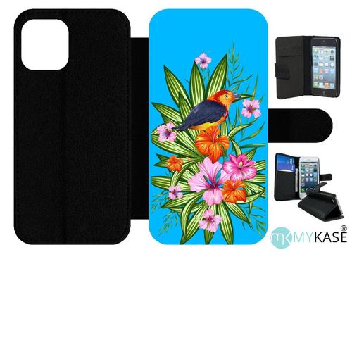 Etui À Rabat Iphone 12 - Oiseau Tropical Turquoise - Simili-Cuir - Noir