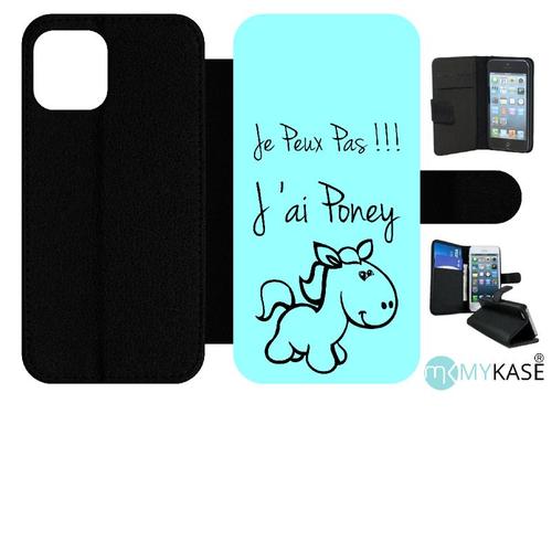 Etui À Rabat Iphone 12 Pro - Citation Poney Turquoise - Simili-Cuir - Noir