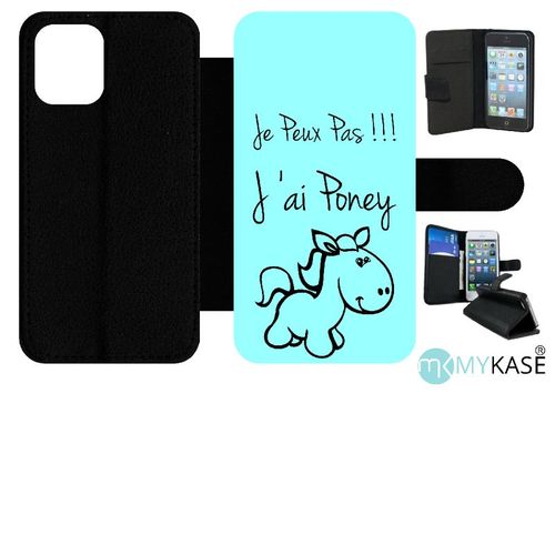 Etui À Rabat Iphone 12 Mini - Citation Poney Turquoise - Simili-Cuir - Noir