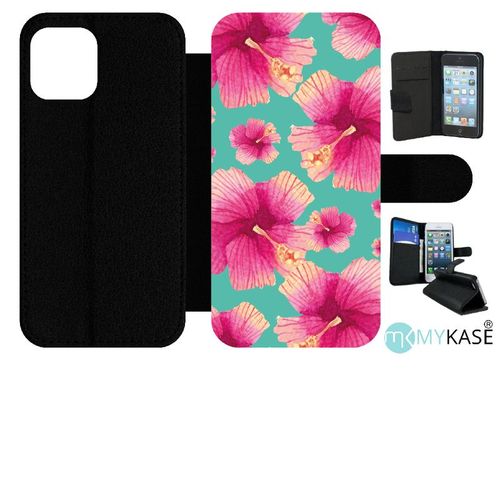 Etui À Rabat Iphone 12 - Hibiscus Fond Turquoise - Simili-Cuir - Noir
