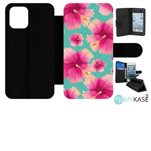 Etui À Rabat Iphone 12 Mini - Hibiscus Fond Turquoise - Simili-Cuir - Noir