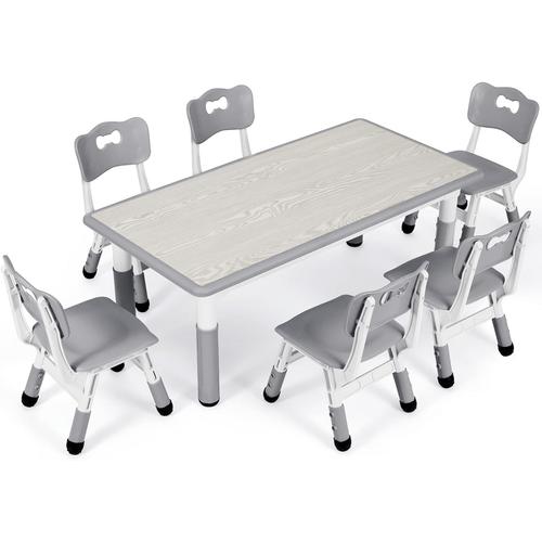 Table Pour Enfant Avec 6 Chaises, Ensemble De Table Pour Enfants Réglable En Hauteur, Gris