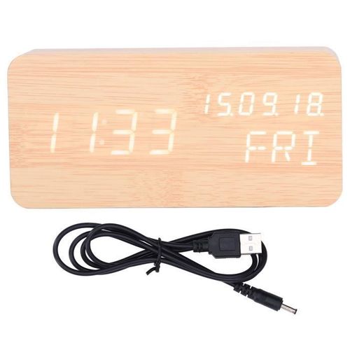 Fdit Réveil LED Réveil numérique LED Réveil en bois Contrôle du son 3 Réglage de la luminosité pour le bureau du salon.